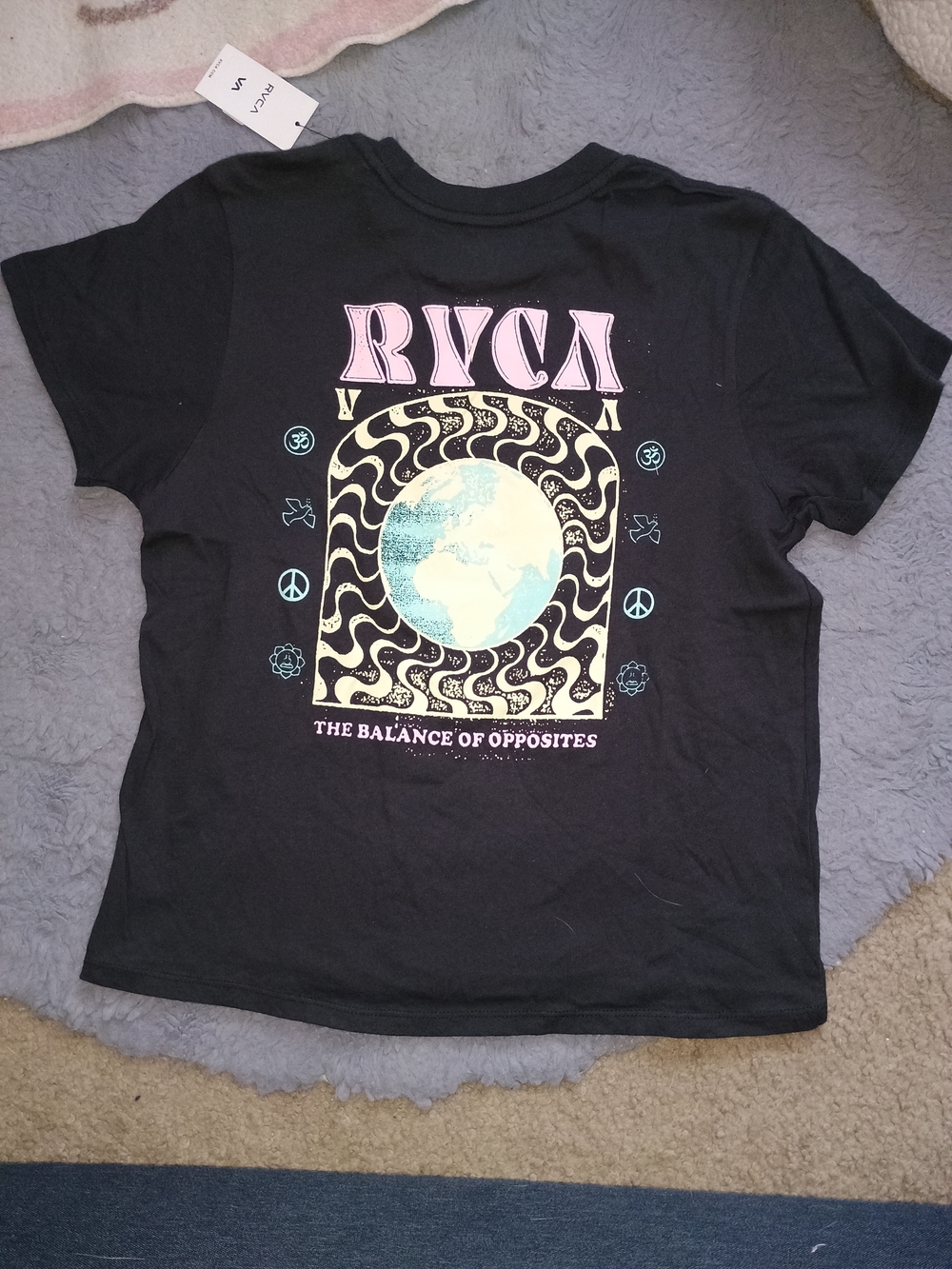 RVCA Black Tee with Pink Logo & Pale Blue Earth Graphic